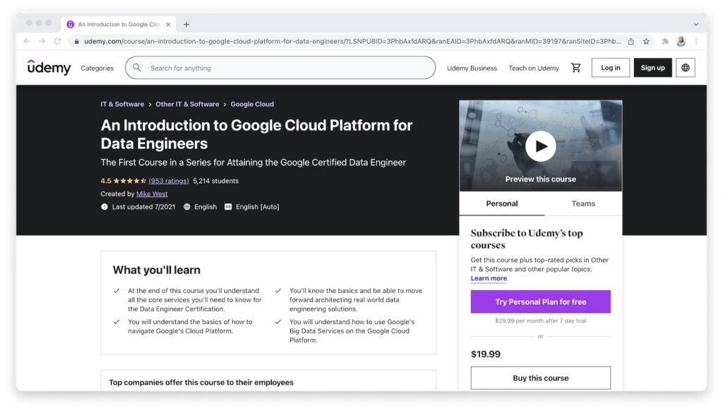 An Introduction to Google Cloud Platform for Data Engineers on Udemy