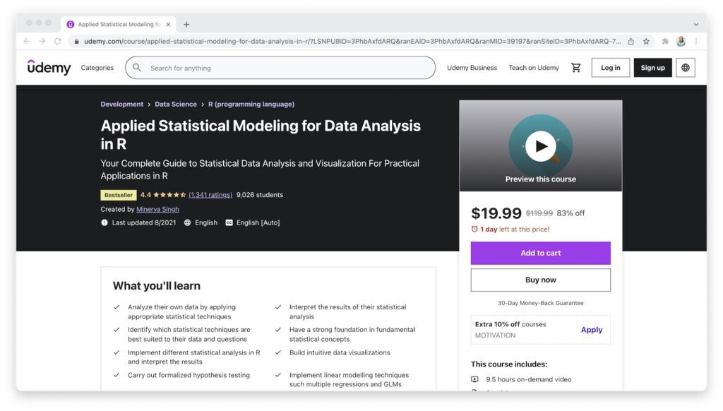 Udemy Applied statistical Modeling for Data Analysis in R Course Page
