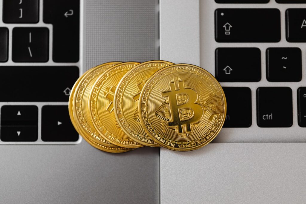 bitcoins on laptop