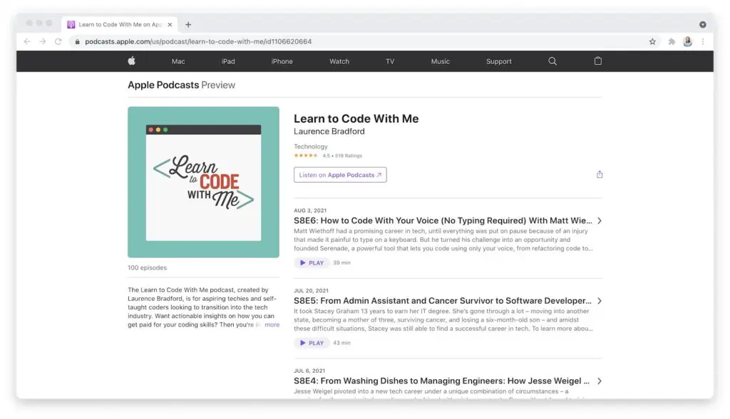Learn to Code With Me Apple Podcasts Preview Page