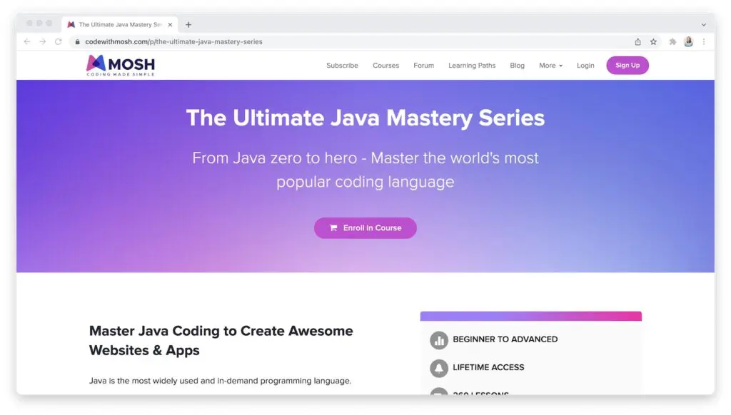 Code with mosh The Ultimate Java Mastery Series Course Page