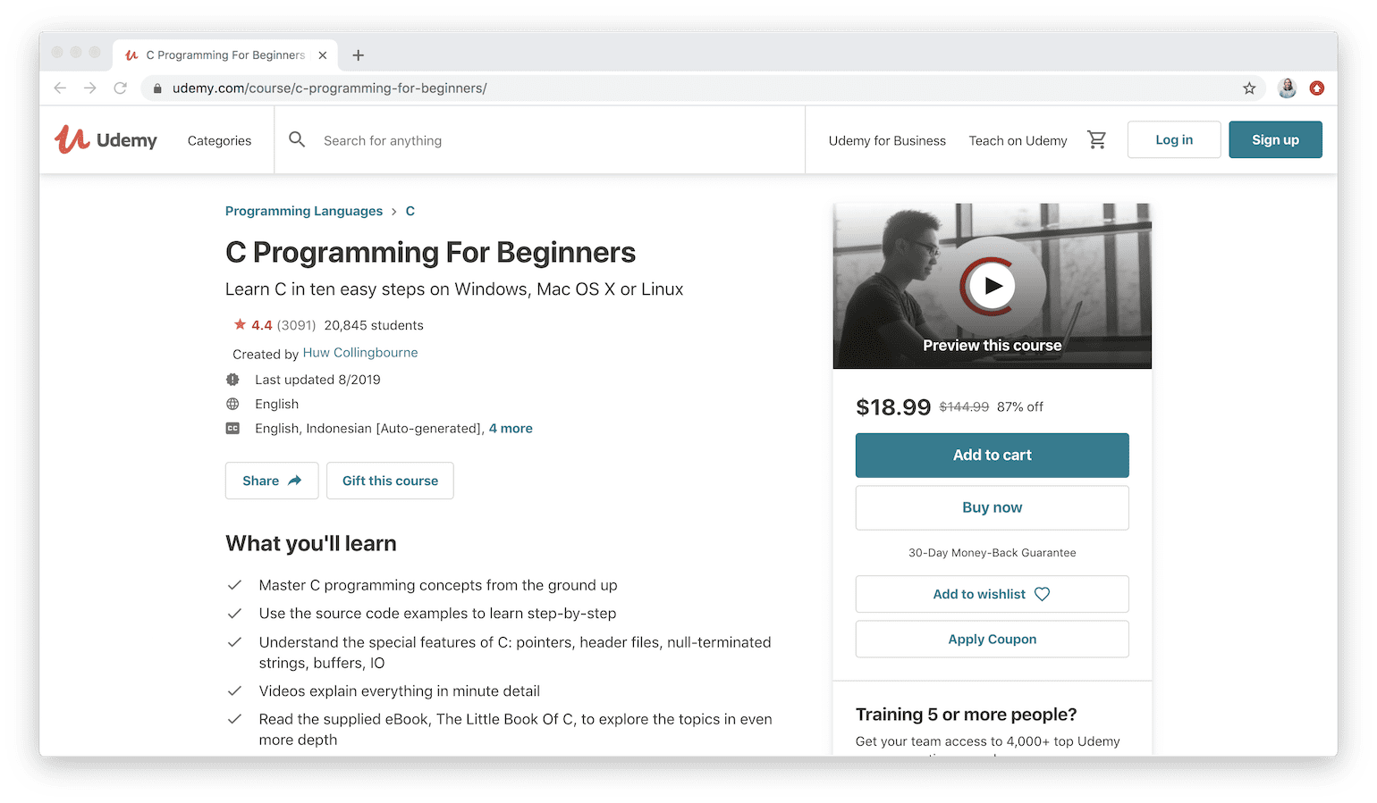 C Programming for Beginners on Udemy