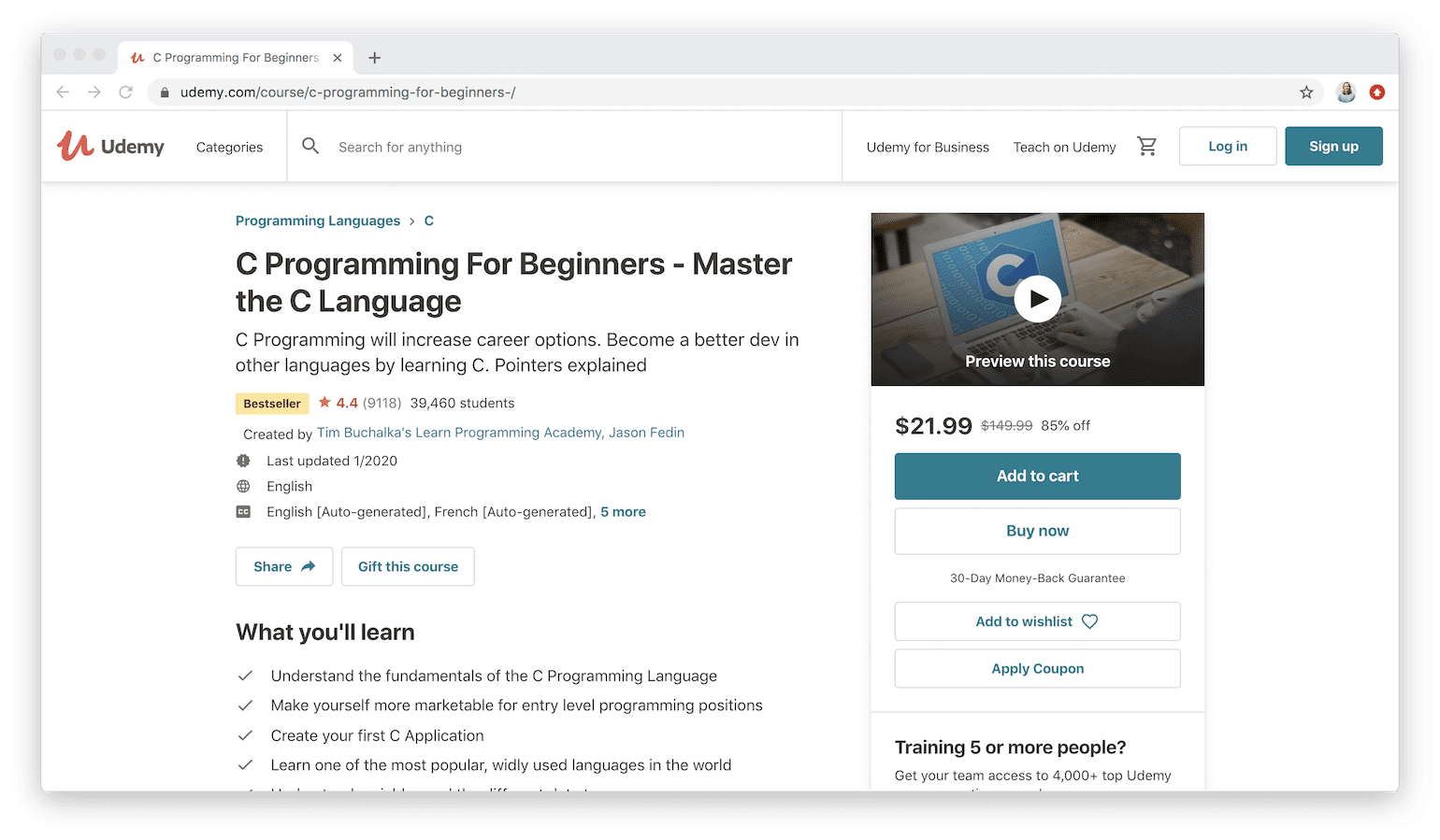C Programming for Beginners - Master the C Language on Udemy