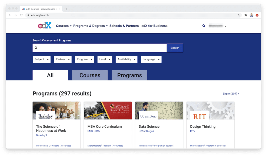 edX course search