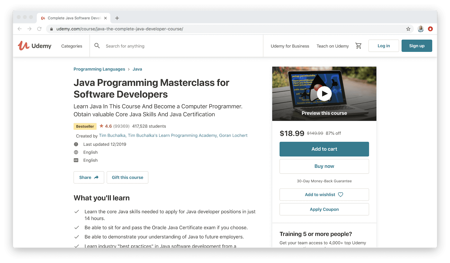 Java Programming Masterclass for Software Developers on Udemy
