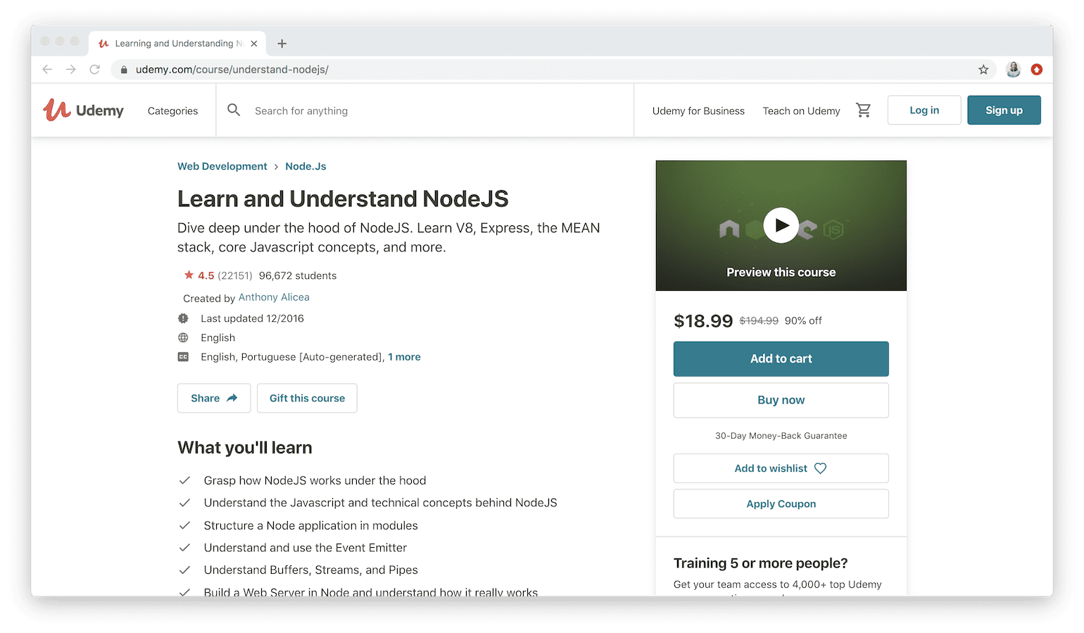 Learn and Understand NodeJS on Udemy