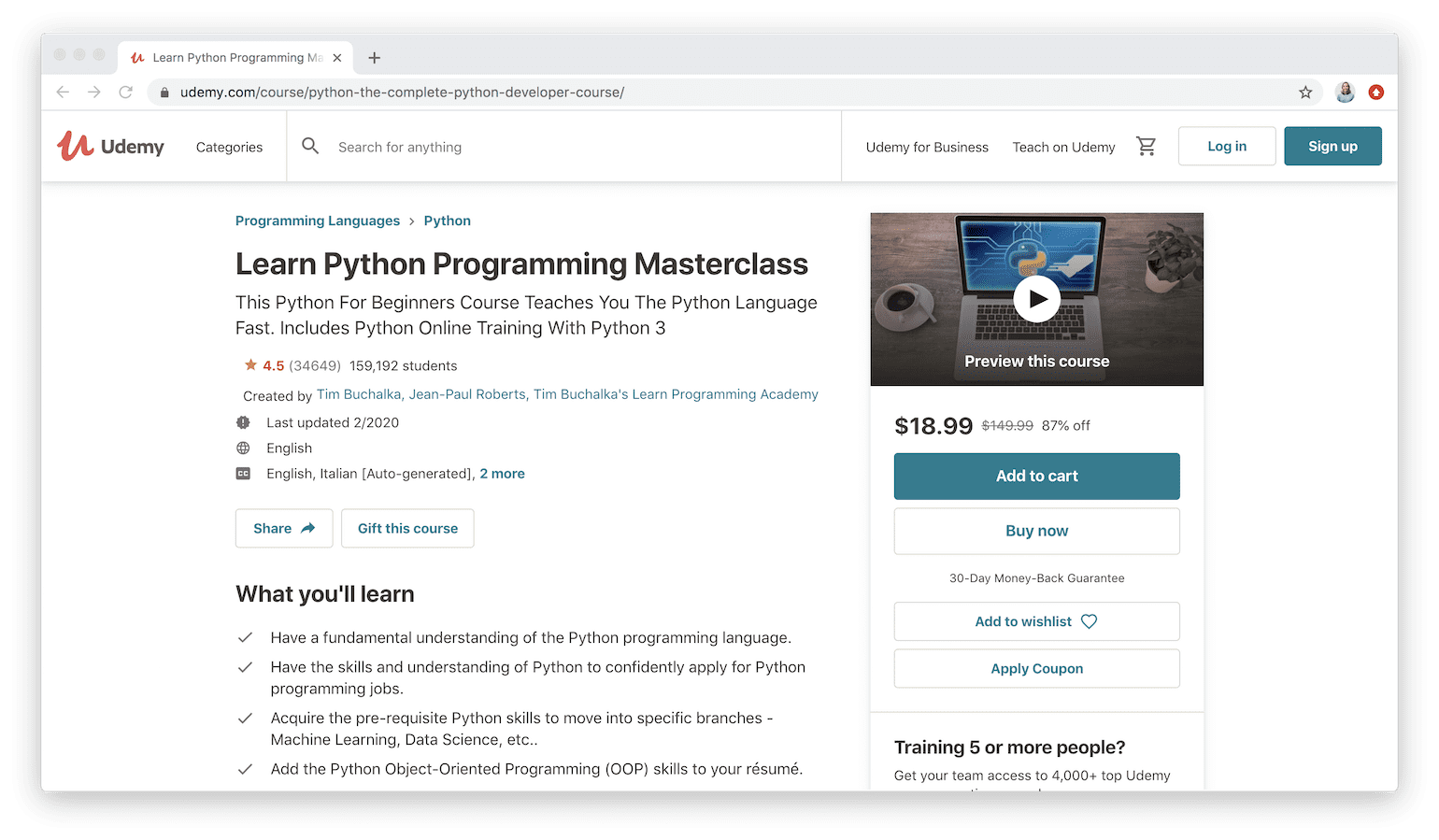 Learn Python Programming Masterclass on Udemy
