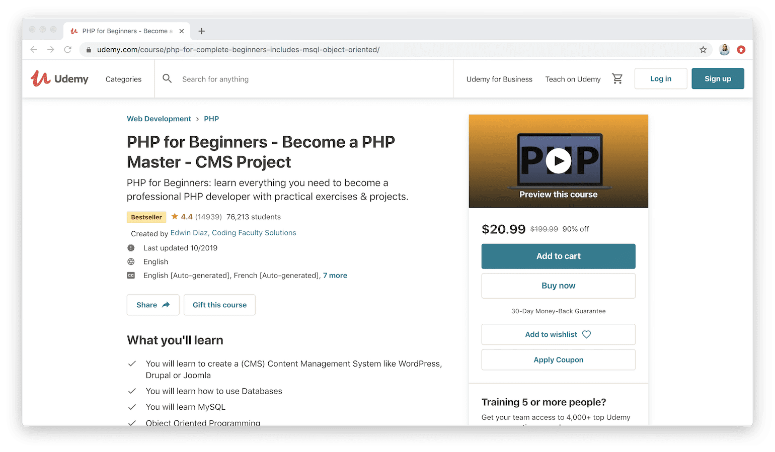 PHP for Beginners – Become a PHP Master – Project Included on Udemy