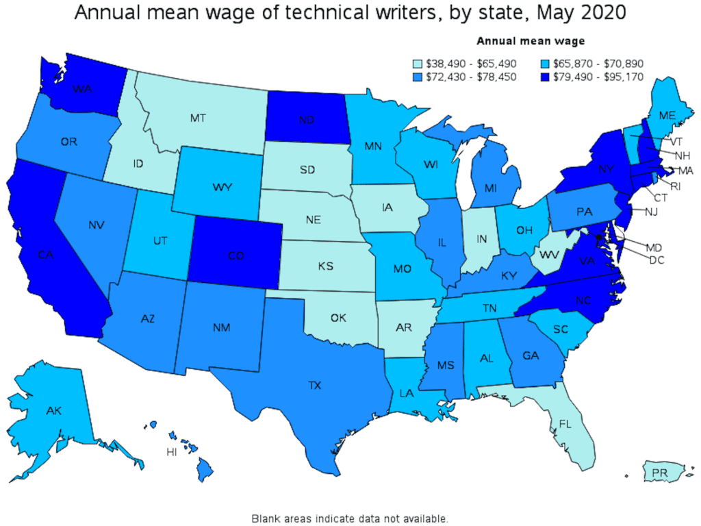 annual average wage of technical writers by state