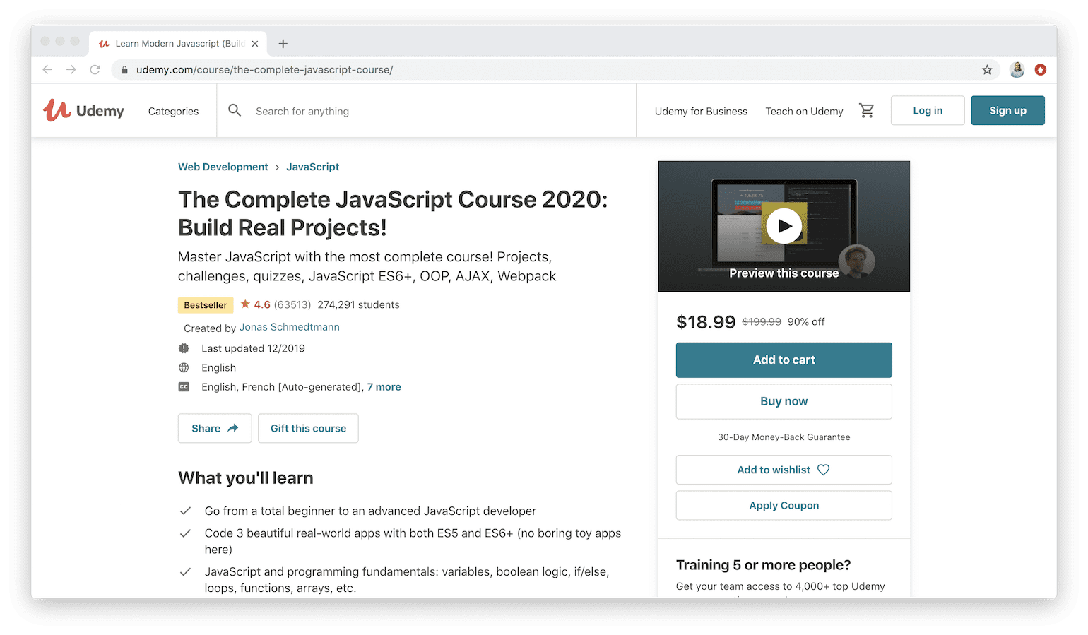 The Complete JavaScript Course 2020: Build Real Projects on Udemy