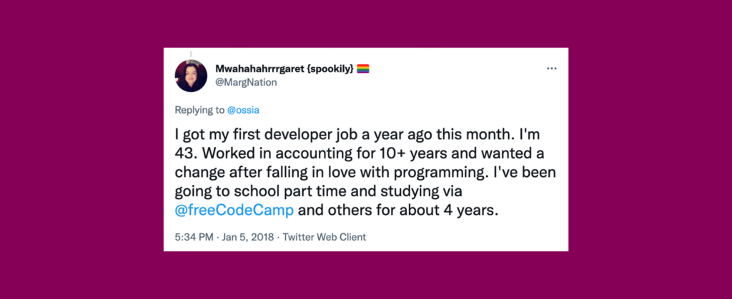 Tweet: Developer at 43