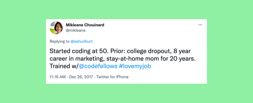 Tweet: learning to code at 50