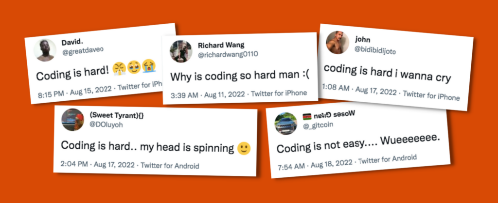 Tweets saying coding is hard