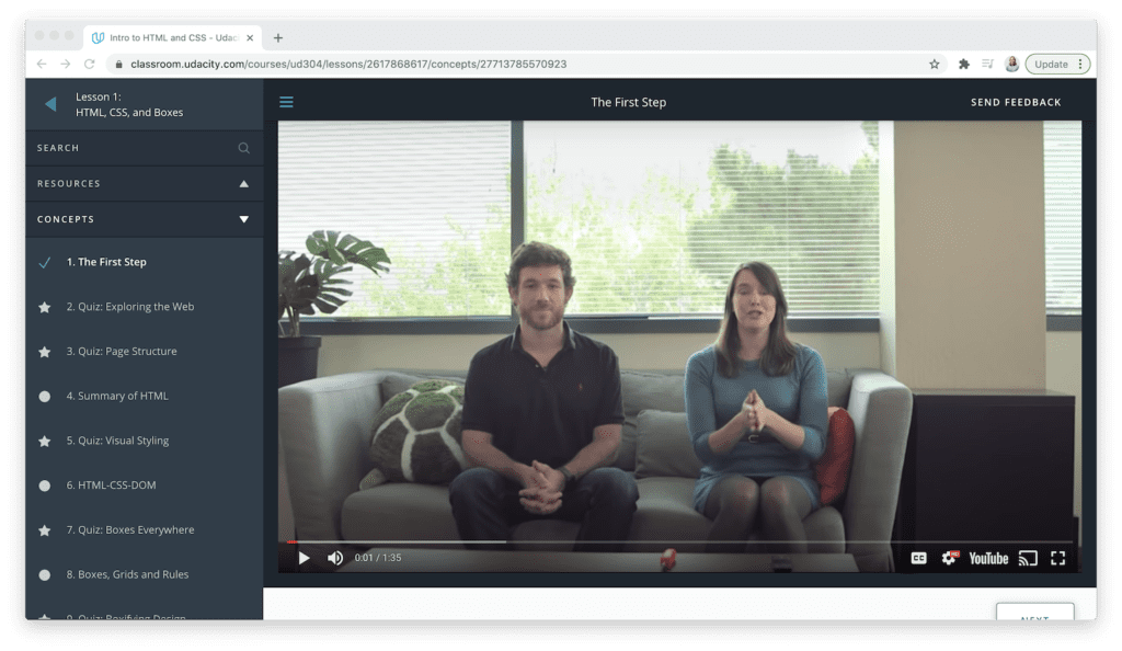 Udacity video course learning interface
