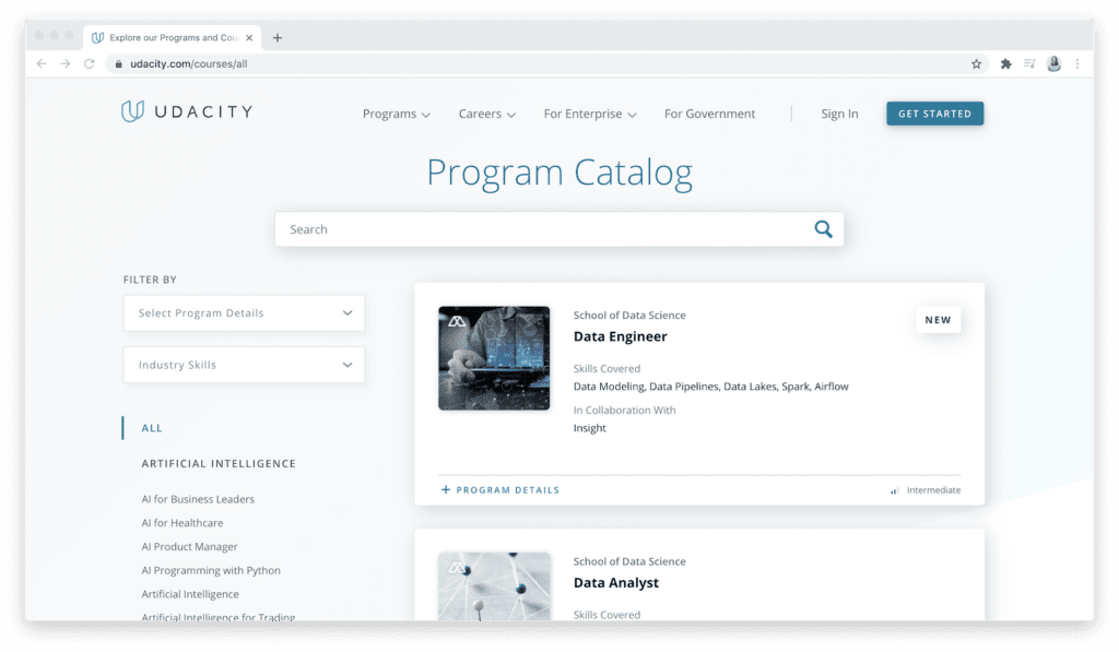 Udacity program course catalog