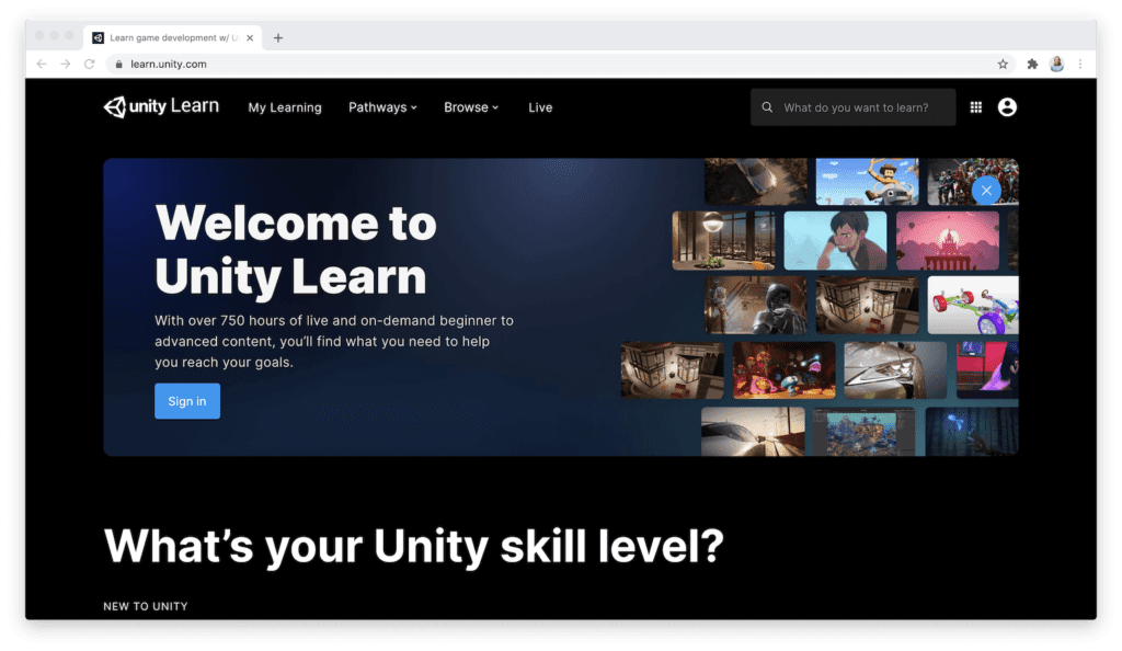 unity learn homepage