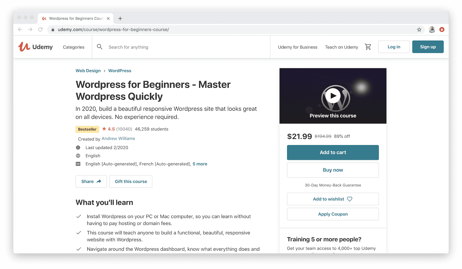 WordPress for Beginners - Master WordPress Quickly on Udemy